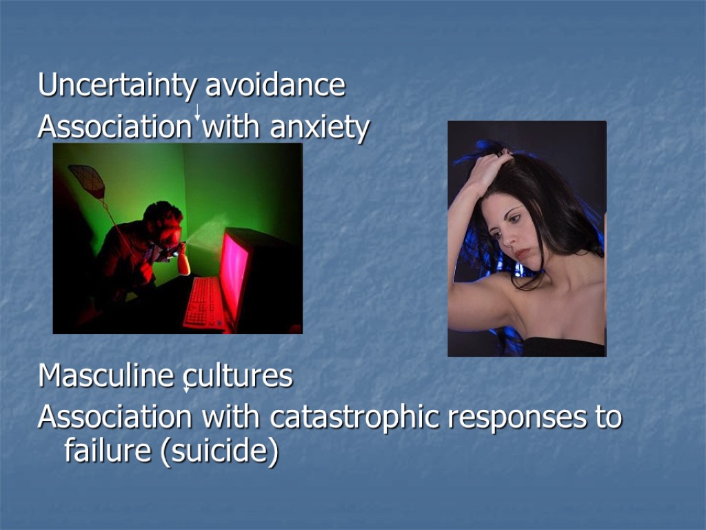 Uncertainty avoidance Association with anxiety Masculine cultures Association with catastrophic responses to failure (suicide)